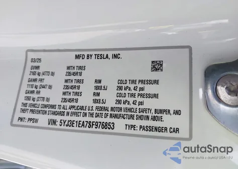 2025 Tesla Model 3 Long Range Rear-Wheel Drive из США, поврежденный, VIN 5YJ3E1EA7SF976853